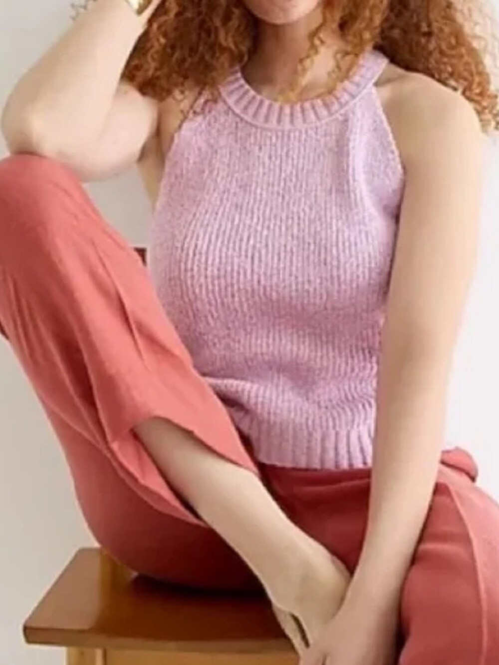 J Crew Pink Knit High Neck Sweater Tank Top Textured Cotton Blend Large L